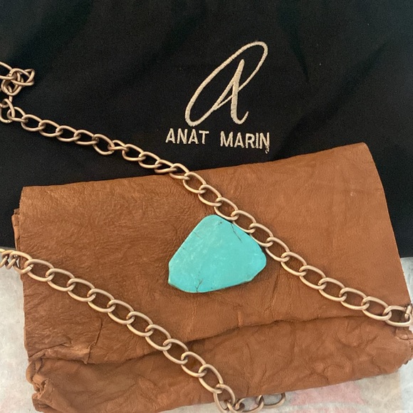 Anat Marin Soft Leather Wallet/Clutch in color Cognac with Turquoise Stone. - Picture 1 of 10